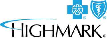 Highmark Health Insurance Logo with Black Letters and a blue halo crossing the H in Highmark. Blue Cross and Shield logo on the top left of letters